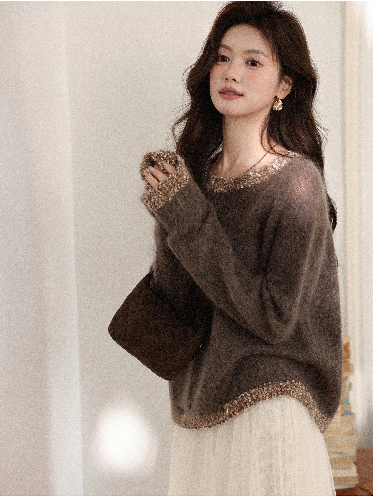 

Loose Knitted Coffee Colored Sweater Women's Autumn Winter New Sle Lazy Color Blo Sle French Sle round Ne Long Sve