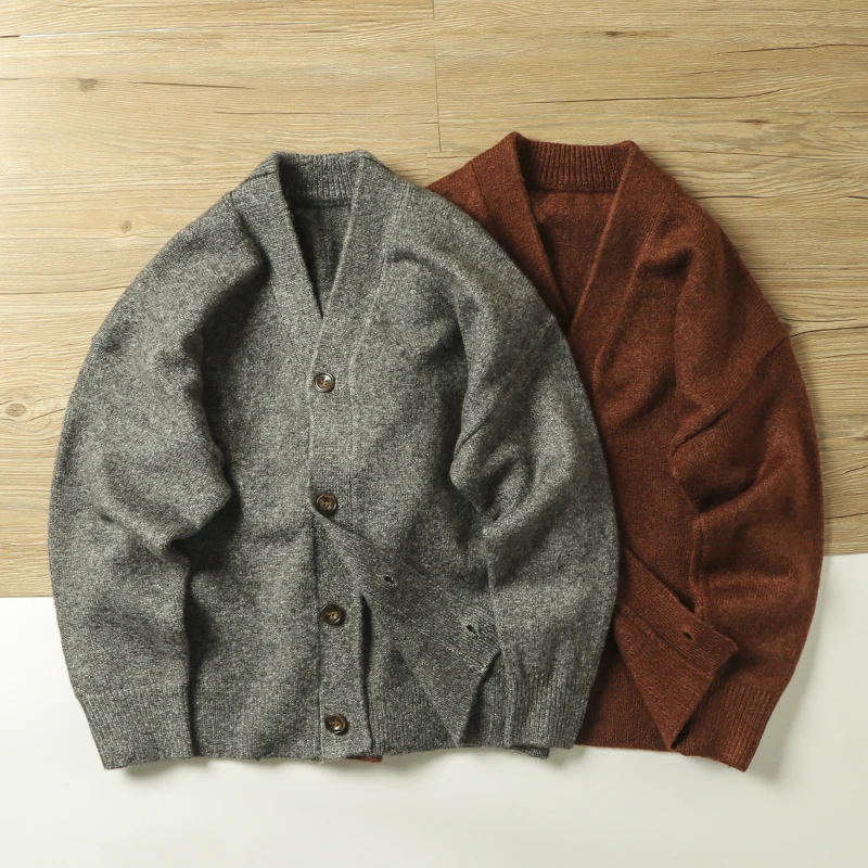 Thick and Warm Autumn Winter New Men's Wool V-neck Knitted Cardigan Simple and Versatile Fit Sweater Base Coats American Vintage