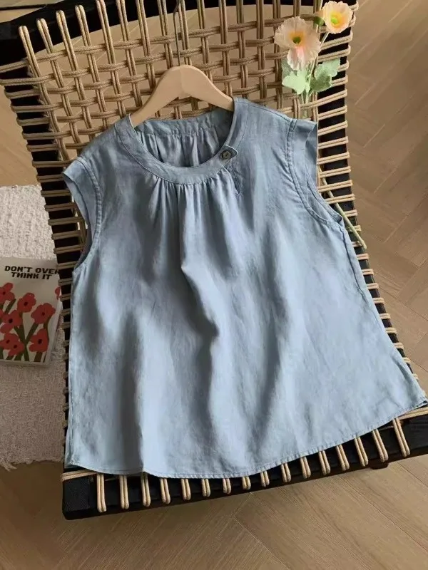 2025年夏 レディース コットンリネン ノースリーブシャツ 多用途 小さな飛袖トップス キュートスタイル ラウンドネック レギュラー丈