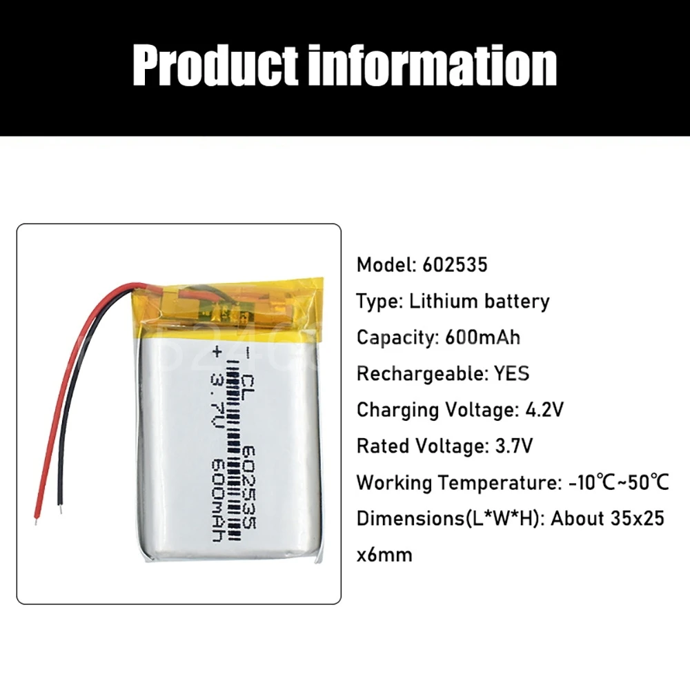 3.7V 600mAh 602535 batteria ricaricabile agli ioni di litio ai polimeri di litio Li-Po celle Lipo per auto DVR tachigrafo altoparlante Bluetooth