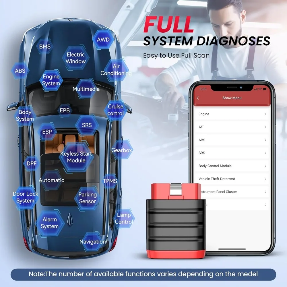 Scanner Bluetooth OBD2 para iOS e Android, ferramenta de diagnóstico de carro de sistema completo, verificação do leitor de código de luz do motor