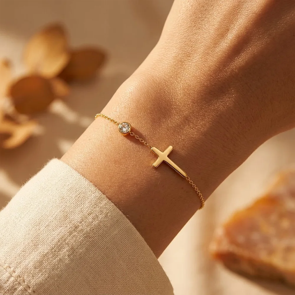 Single‑CZ Cross Bracelet Stainless Steel Dainty Fashion Unisex Minimalist Stackable Jewelry Classic & Versatile for Daily Wear