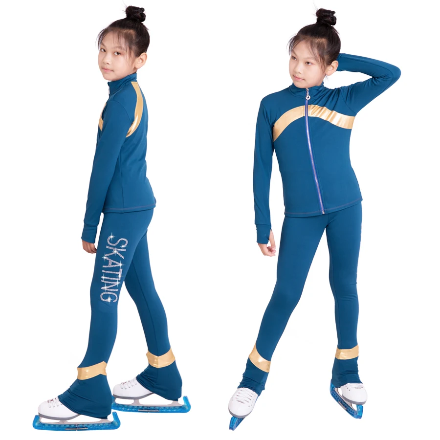 New Ice Figure Skating Jacket Pants Women Girl Trousers Top Black Teens Children Kids Colored Blue Rhinestones Training