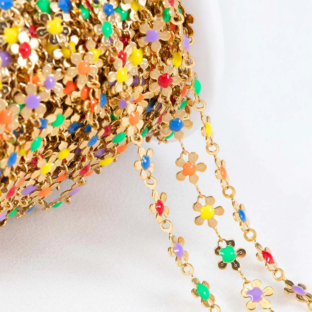 1Meter Colorful Enamel Flower Stainless Steel Gold Color Link Chains for DIY Jewelry Making Necklace Bracelet Clothing Accessory