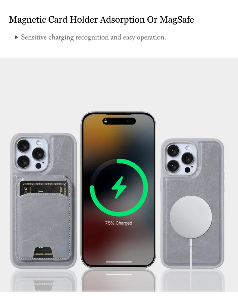 Full Grain Leather Case With MagSafe Detachable Card Holder For iPhone 16 15 14 13 Pro Max Plus Magnetic Flip Card Holde Bag