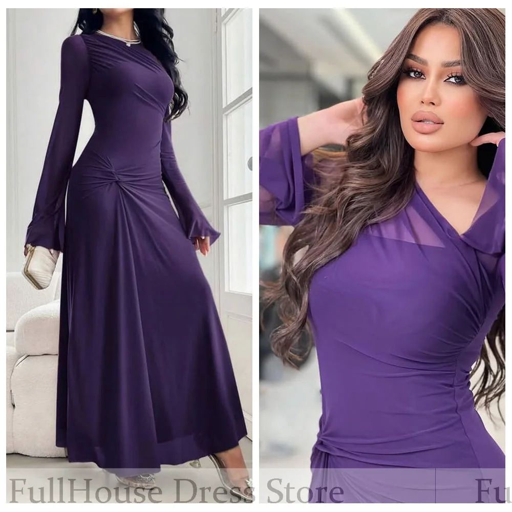 Bespoke Occasion Modern O-neck Chiffon Straight Long Sleeve Illusion Evening Gown Maxi Length Saudi Arab Dress