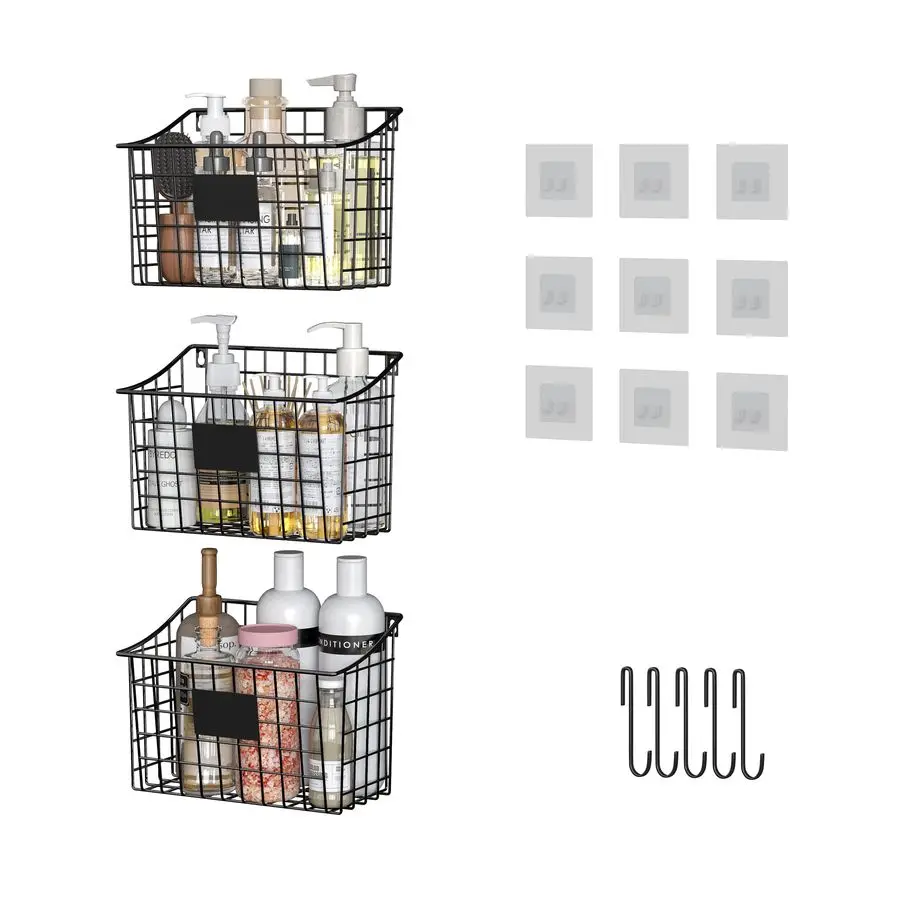 

Навесная корзина для хранения с 5 крючками, 3 этикетками на липучках, 3 штуки в упаковке, металлическая проволочная корзина для шкафа, декор в стиле рустик фермерский дом, для хранения