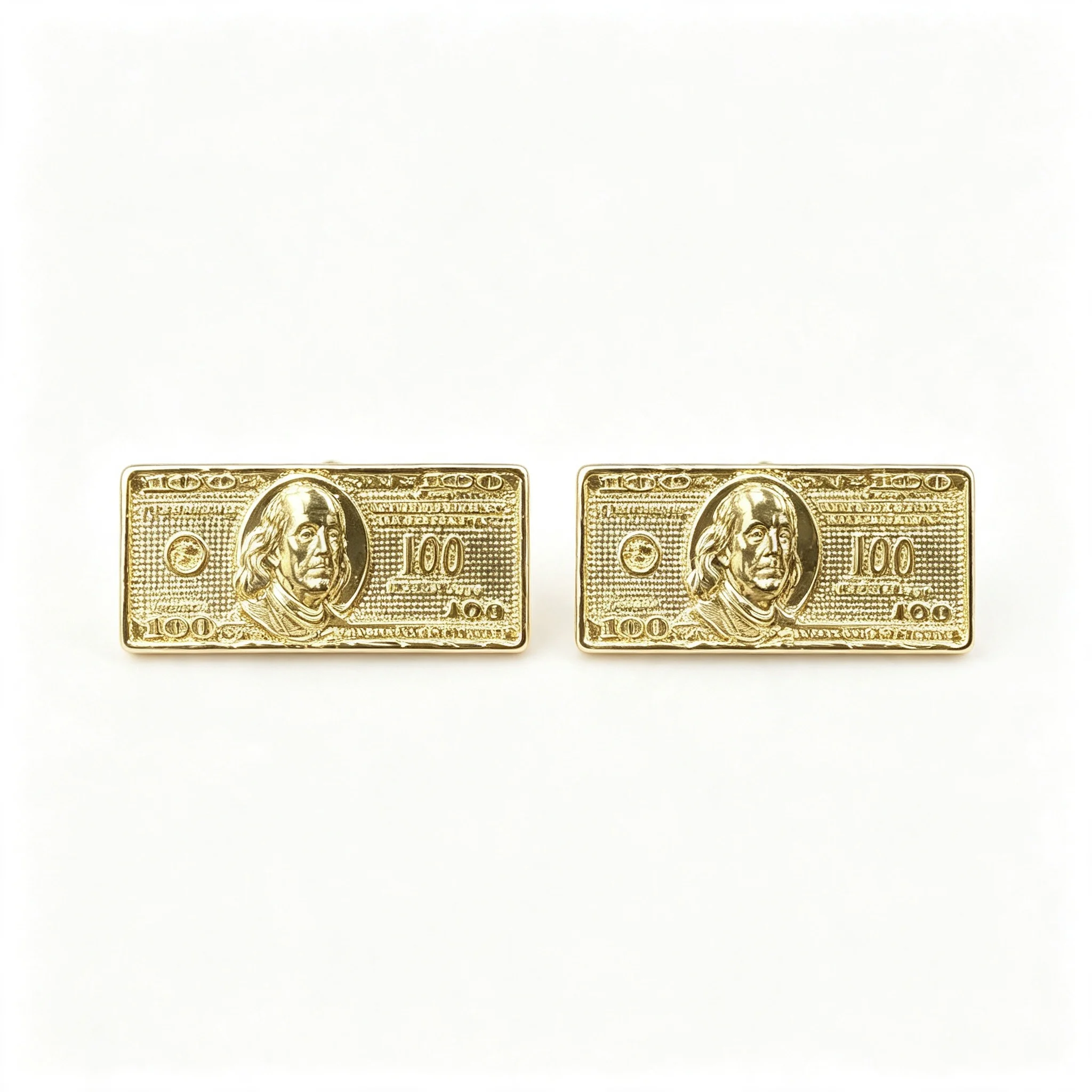 28mm Big Size Hip Hop 14k Gold Plated Rough Textured Cookie Nugget Stud Earrings For Men Women Hundred US Dollar Sign Bill Money