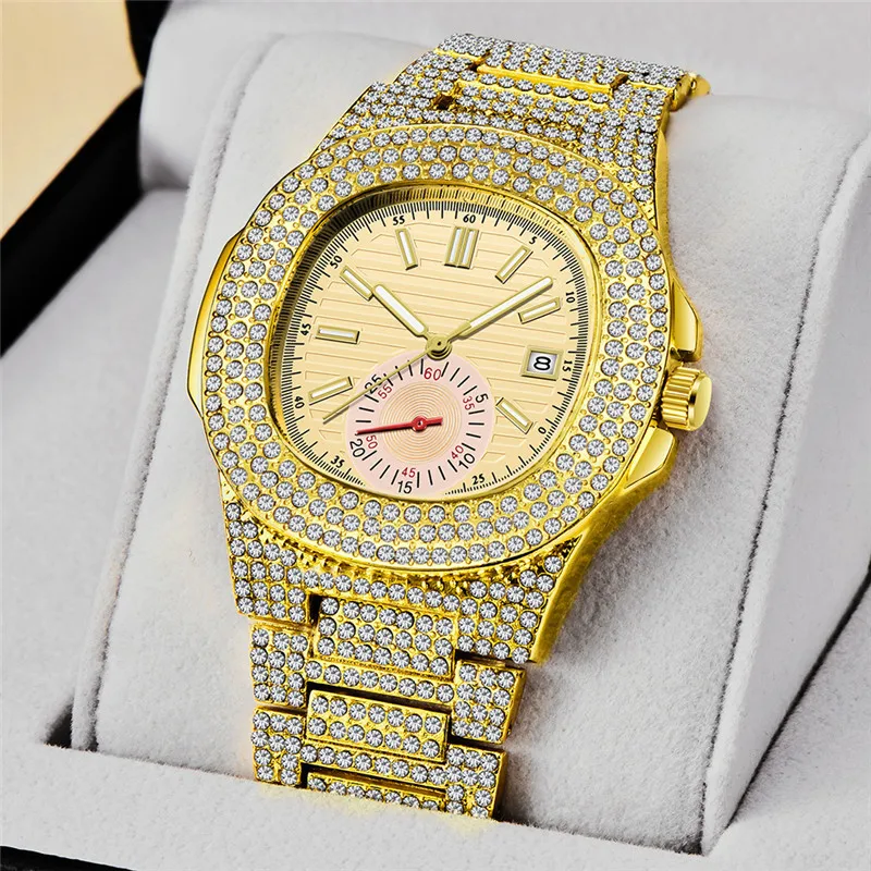 Reloj de pulsera de cuarzo con diamantes para Hombre, cronógrafo de estilo Hip Hop, con correa de aleación, a la moda, con calendario, ideal para