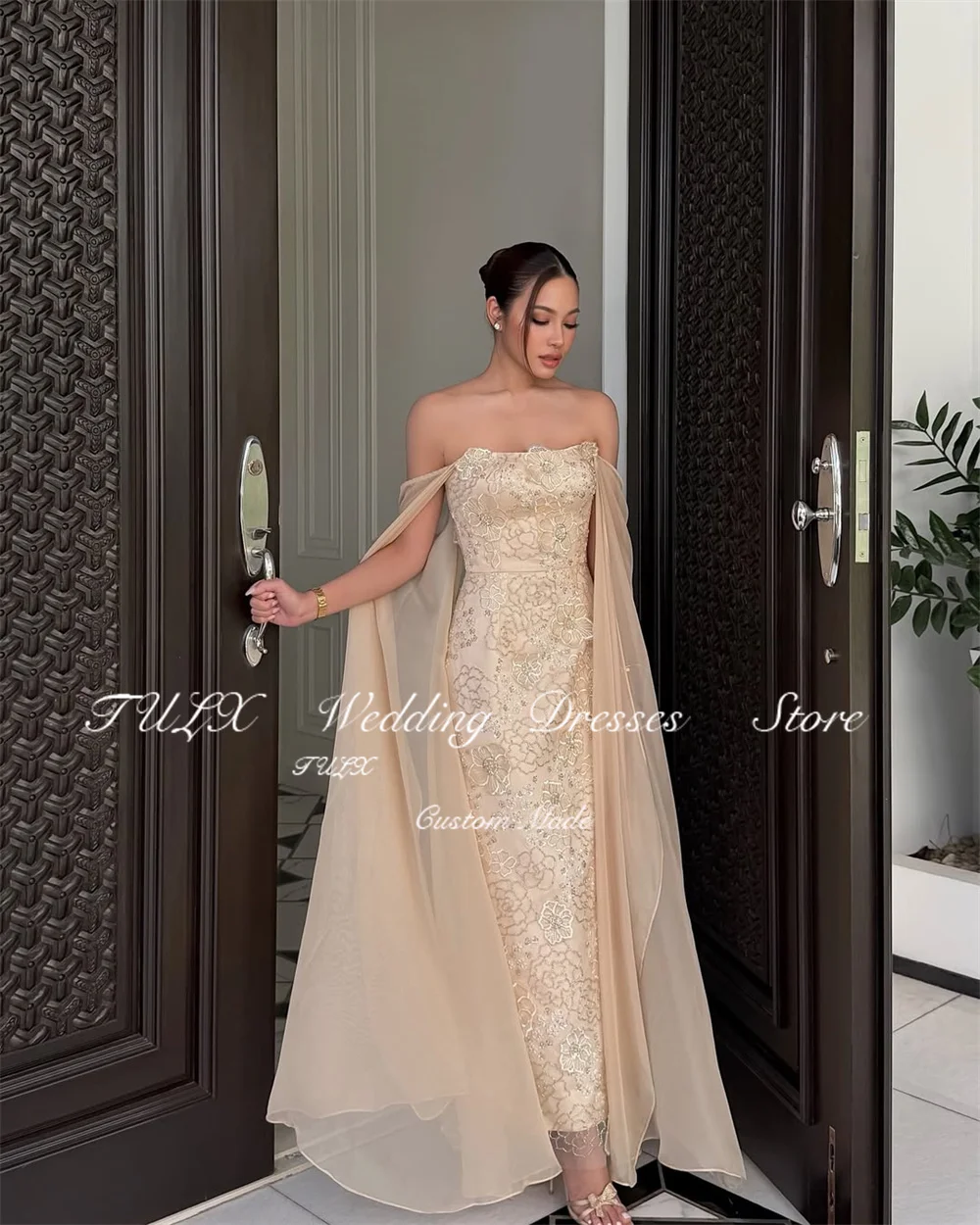 SPRAYING Champagne Lace Cetim Vestidos de Noite Fora Do Ombro Vestido de Festa Sereia Até o Tornozelo Vestidos de Ocasião Especial Personalizado