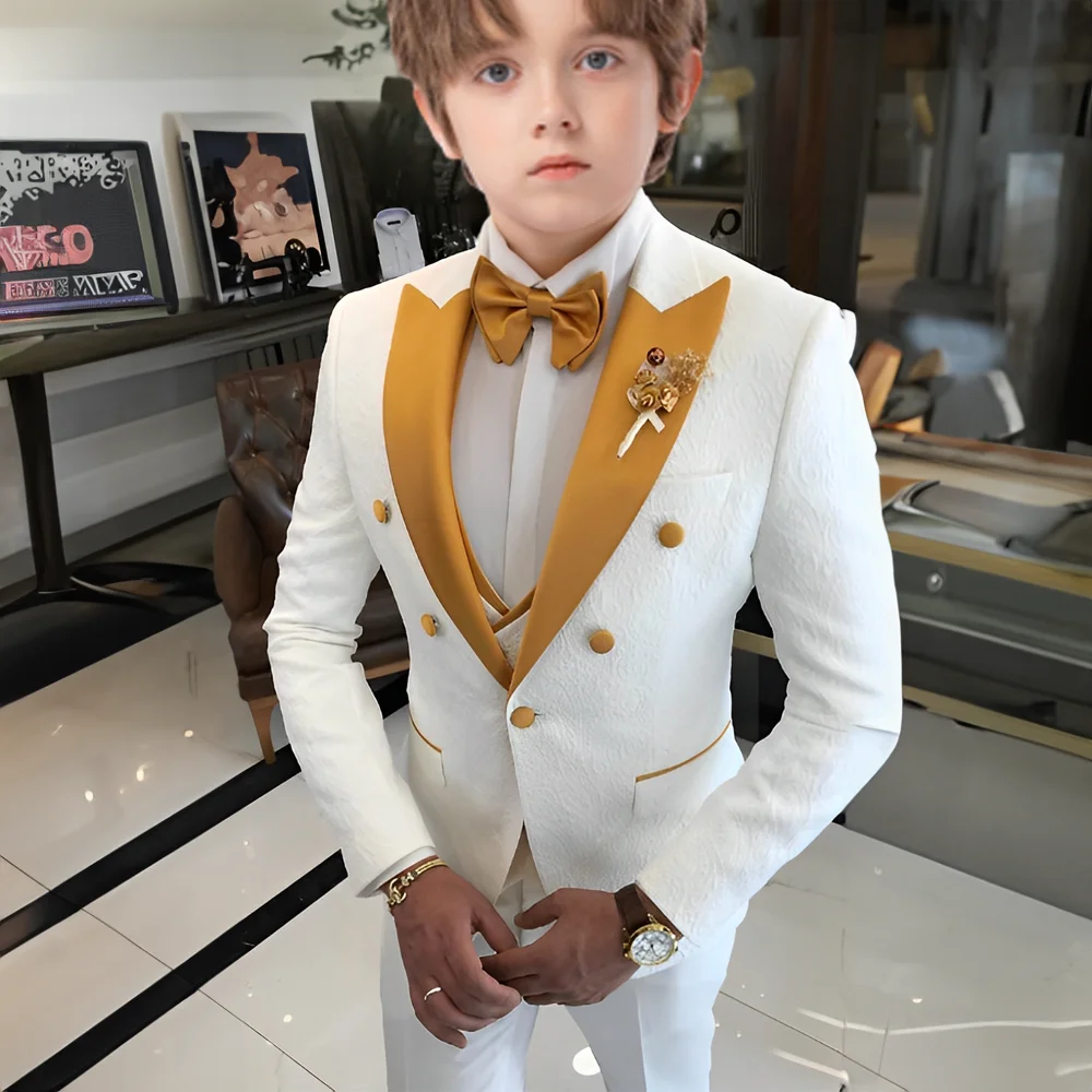 

White Jacquard Suit for Boys Three Piece Suit Wedding Kids Tuxedo 2025 New Design Boys Jacket Pants Vest Custom Dress