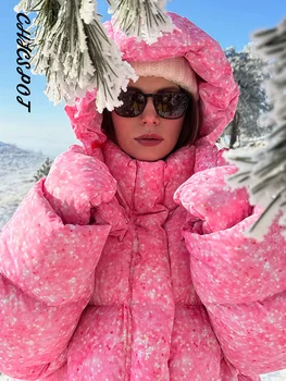 Oversized Printed Winter Coat 4 Women's Oversized Coats Print Hooded Padded Jackets Winter Female Stand Collar Long Sleeve Zipper Loose Puffy Coat New Outerwear 4