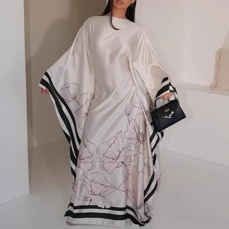 Elegant Shawl Sleeve Party Dress Elegant O-neck Pattern Print Loose Robe Dress Women Fashion Hight Waist Satin Long Dress