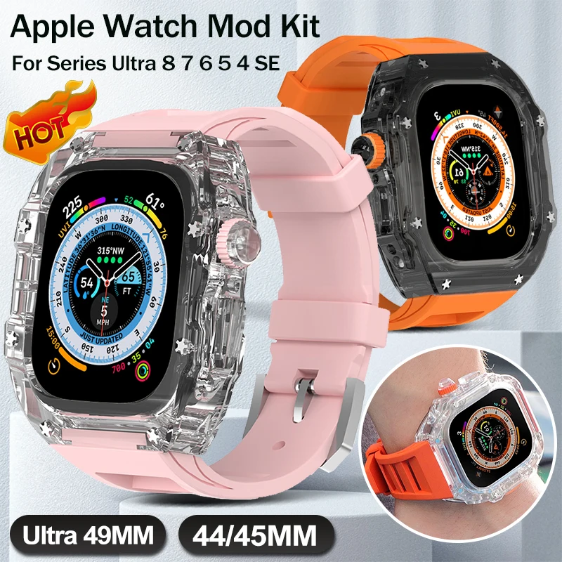 

Роскошный прозрачный модифицированный комплект для Apple Watch Ultra 2 49 мм, Флюоресцентный дисплей и ремешок для iWatch Ultra 9 8 7 6 54 SE 45 мм 44 мм