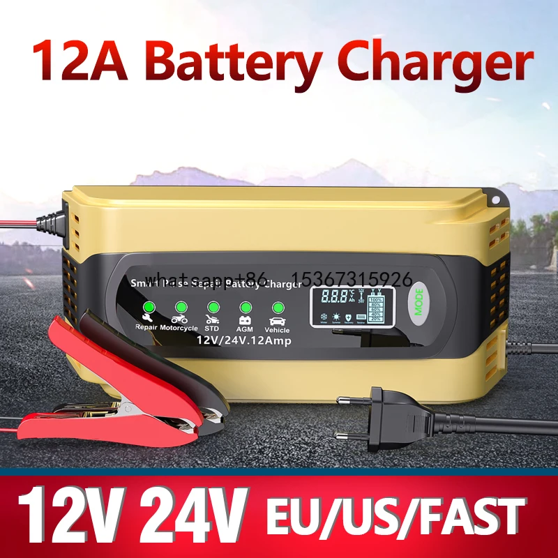 

12V 24V 12A 10A 6A Battery Charger Smart Fast Charging for Car Batteries 7-Stage Charge Pulse Repair for AGM GEL WET Lead Acid