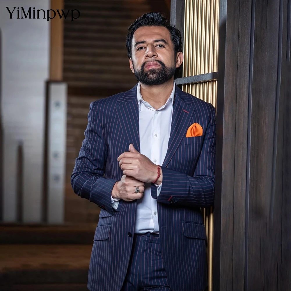 

YiMinpwp Navy Blue Pinstripe Men's Suit Wool Blend Formal Business Slim Fit 2 Pieces (Jacket + Pants) for Groom Wedding XS-5XL