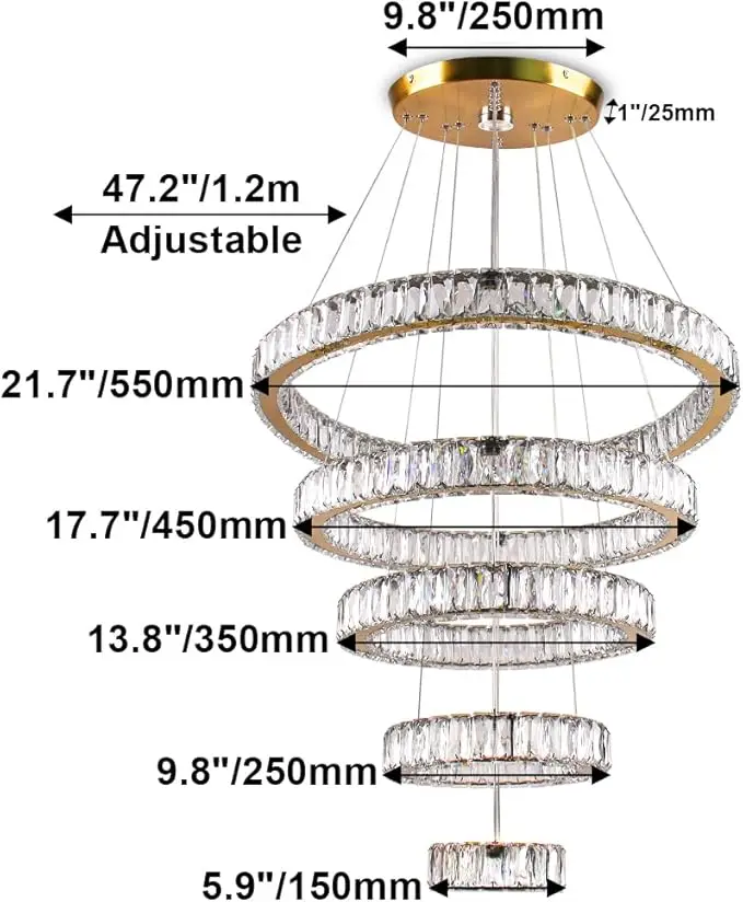 Dixun LED Crystal Chandeliers, Modern 5 Rings Pendant Light Titanium Gold Stainless Steel Height Adjustable Ceiling Light for Be