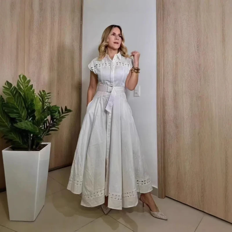 

Vintage Short Sleeve Hollow out Women's Dress Single Breasted Casual Female Clothing Patchwork High Waist Pleated Dress