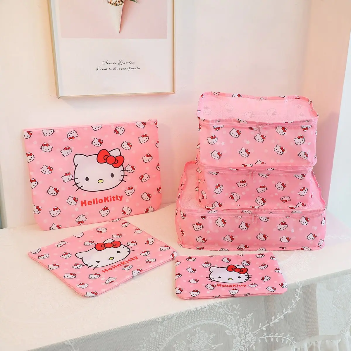 

6pcs Kawaii HelloKitty Cartoon Fabric Travel Bag Large-capacity Classified Storage Bag Underwear Clothes Organizer Bag Clothes