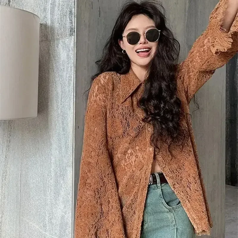Chemisier en dentelle à manches longues pour femmes, chemise creuse à volants, chemise douce, café, printemps, automne, mode