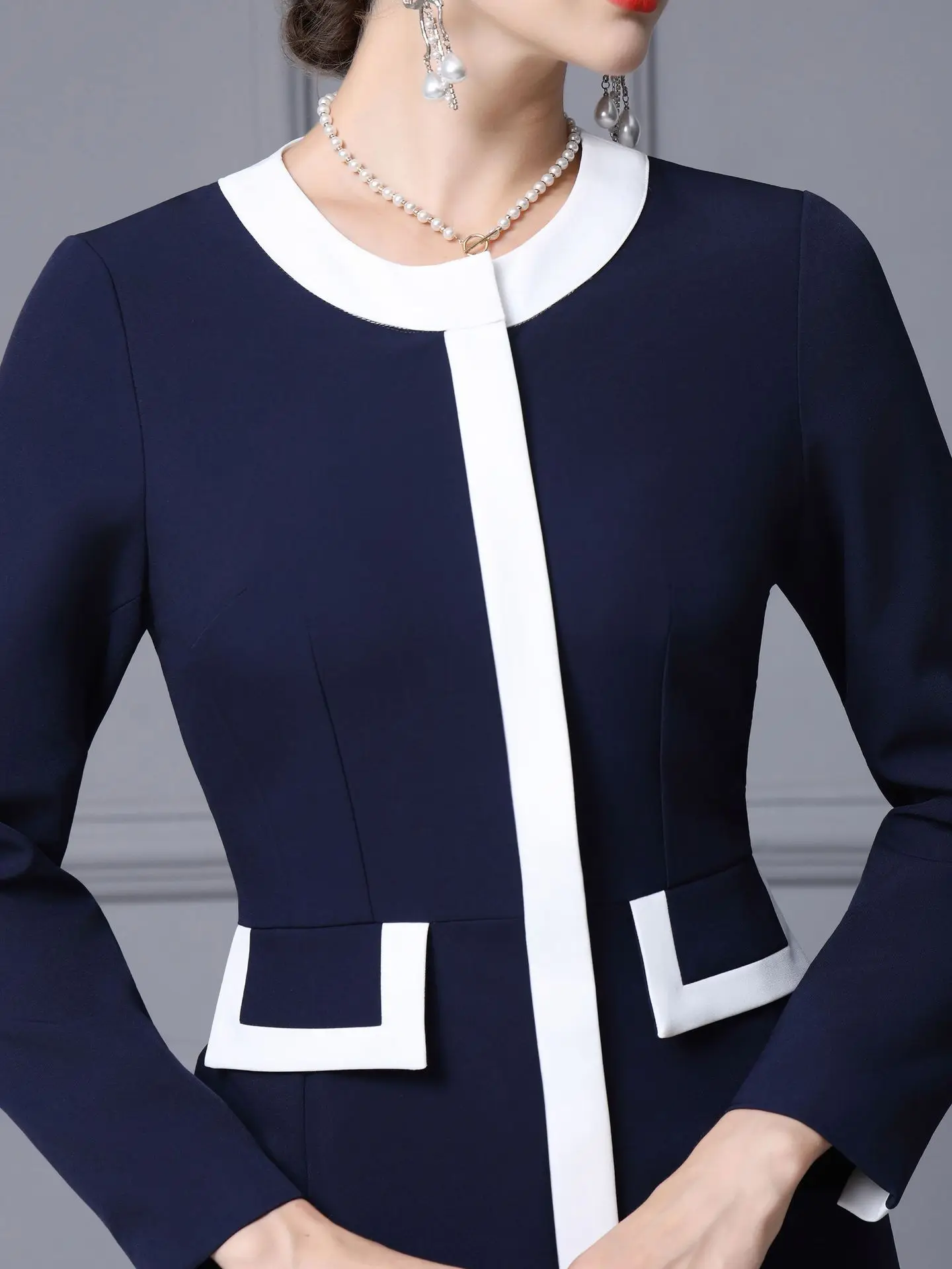 ZJYT Runway Fashion Autumn Color Block White and Blue Office Dress Women Elegant Long Sleeve Brief Midi Straight Dresses Vestido