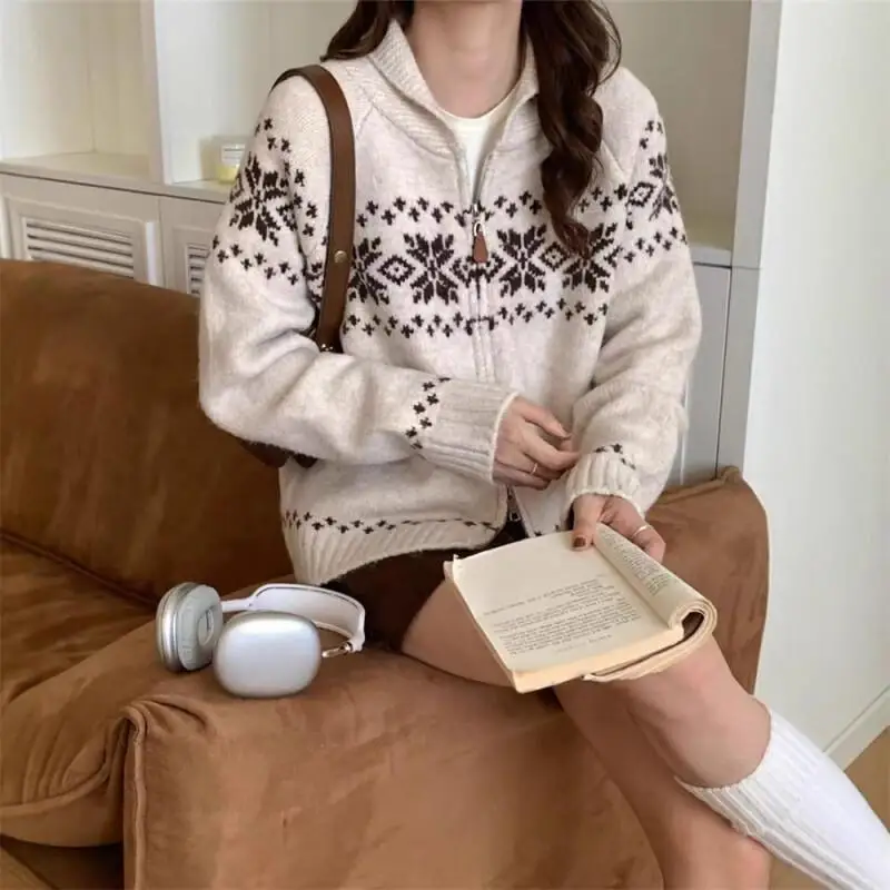 

Модный красочный жаккардовый свитер Fair Isle, женский свободный крой, вязаный кардиган с двойной молнией, пальто в винтажном стиле, осень-зима, ленивый