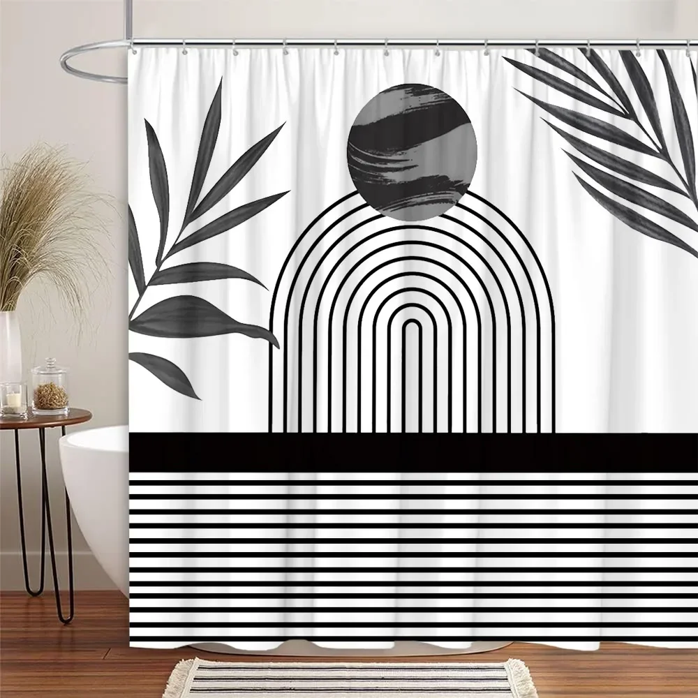 

Black and White Shower Curtain, Abstract Mid-Century Modern Minimalist Geometric Line Art Aesthetic Vintage Bathroom Decoration