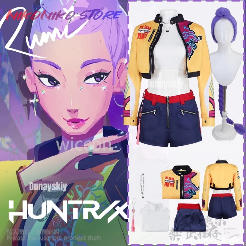 

Anime Movie Demon Kpop Girl Group Cosplay Rumi Singing Costume Yellow Punk Y2K Coat Short Pants Long Wigs Halloween Party Cos