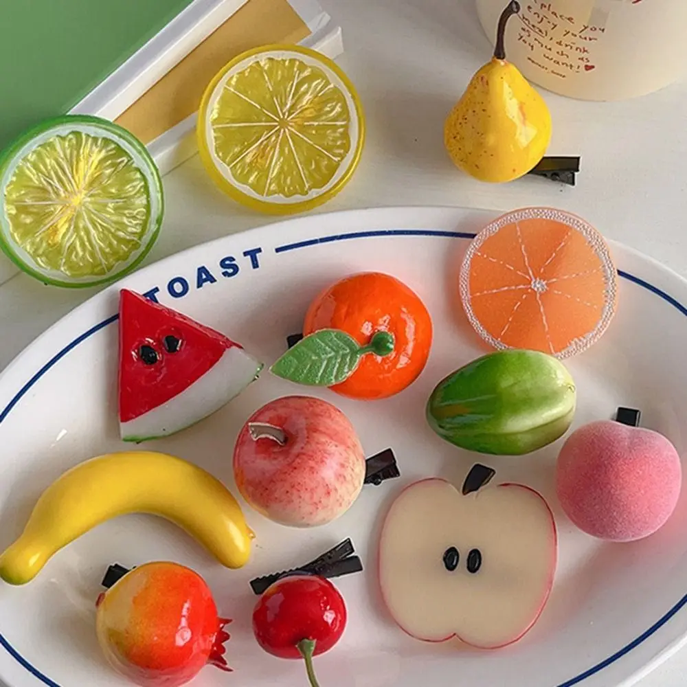 Funny Simulation Fruit Hairpin Cartoon Cherry Peach Lemon Fake Food Hairclip Child Duckbill Clip Barrette Women Kids Photo Props