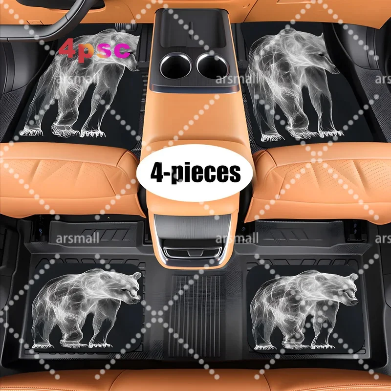 A Set Of Four Car Floor Mats Featuring A Bear Design Outlined In White On A Black Background. Suitable For Various Car Models, M