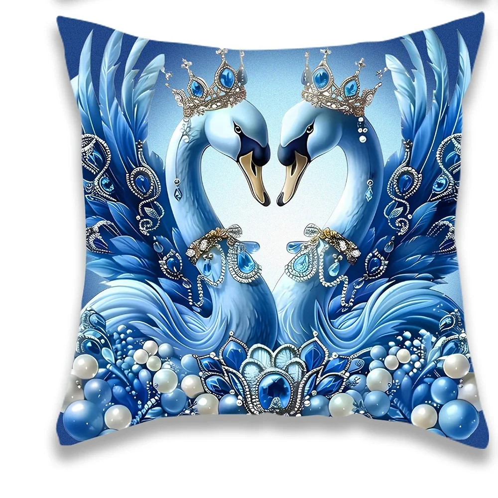 1-Piece  Exquisite Blue Swan Print Pillow Cover, Luxurious & Comfortable, Bedroom & Sofa Cushion Cover, Home Decor