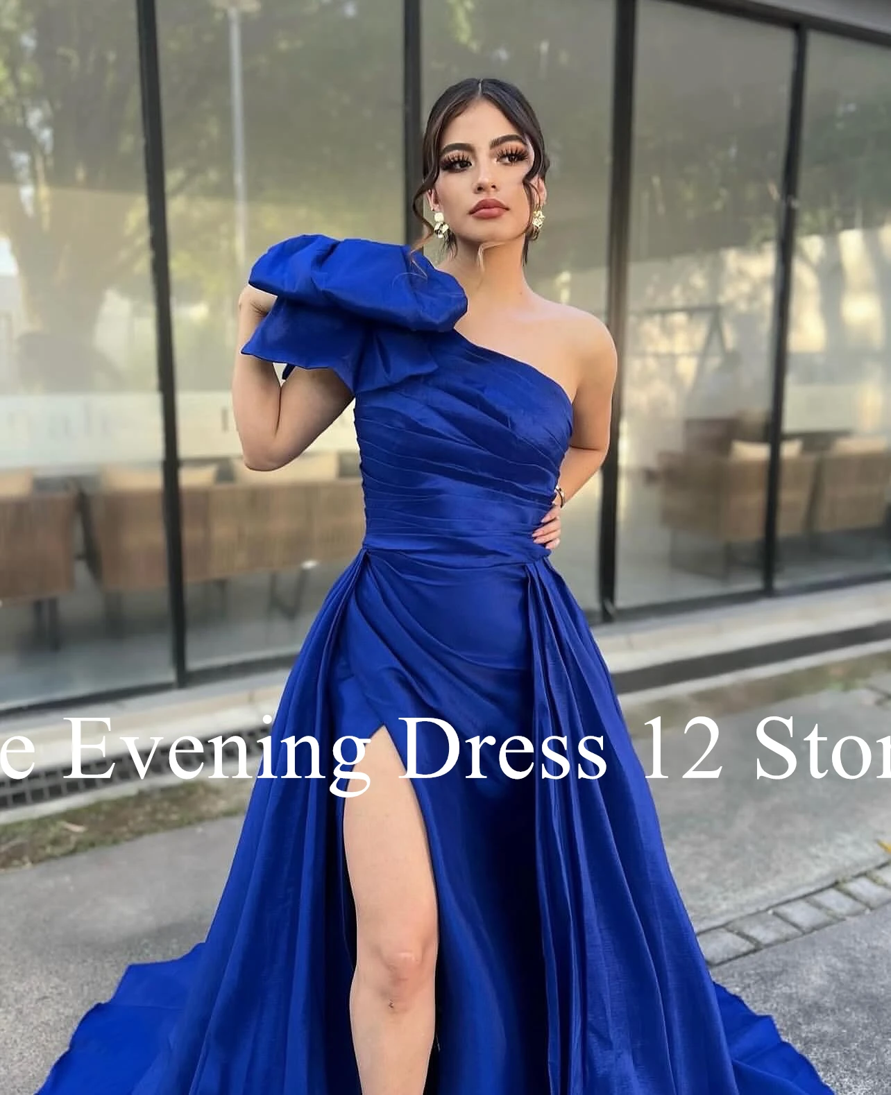 Customized Graceful Panel Train One Shoulder Bow Evening Dress Temperament Pleats Satin Front Slit Photo Color Vestido De Noche