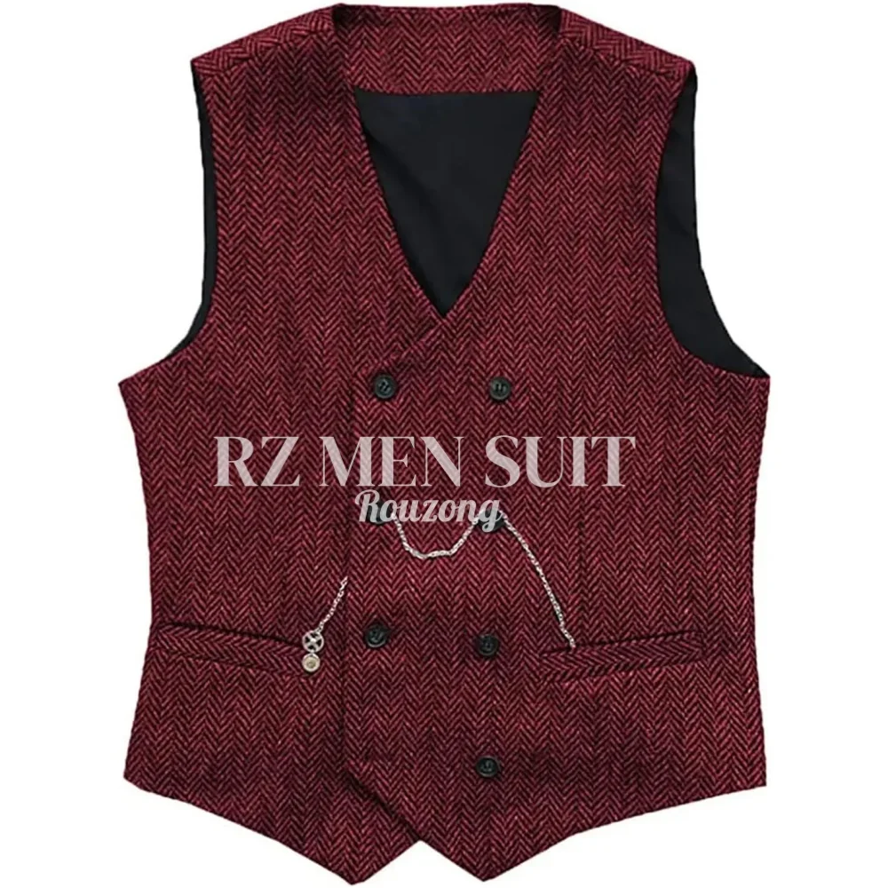 

Men V Neck Vest Herringbone Wool Tweed Double Breasted Waistcoat Tuxedo Wedding Groomsmen Banquet Work chaleco hombre