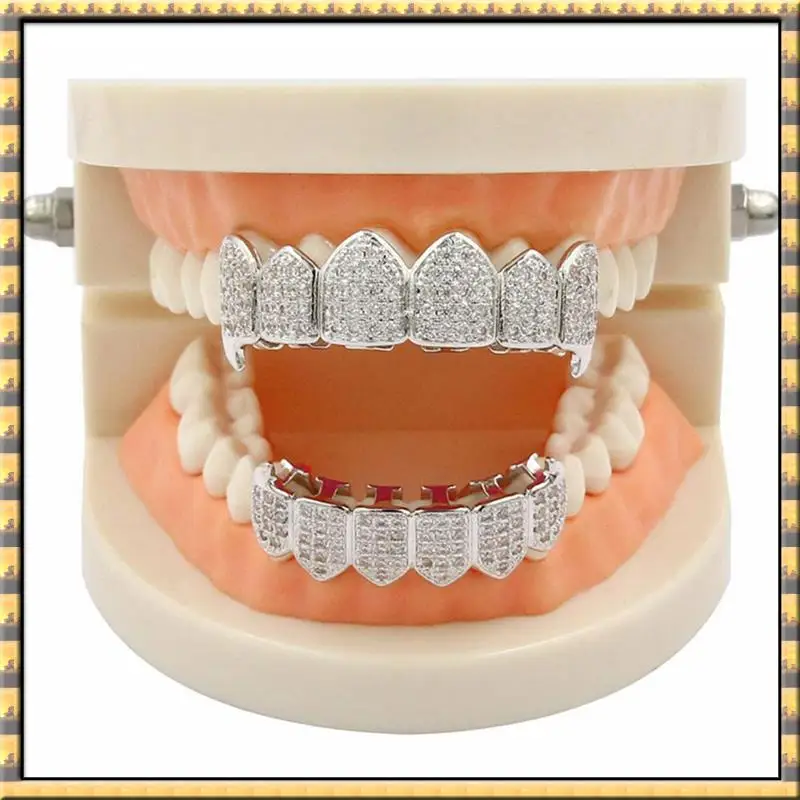 

Hot Sale 6X Silver Plated Top & Bottom Grillz Mouth Teeth Grills High Quality, Silver