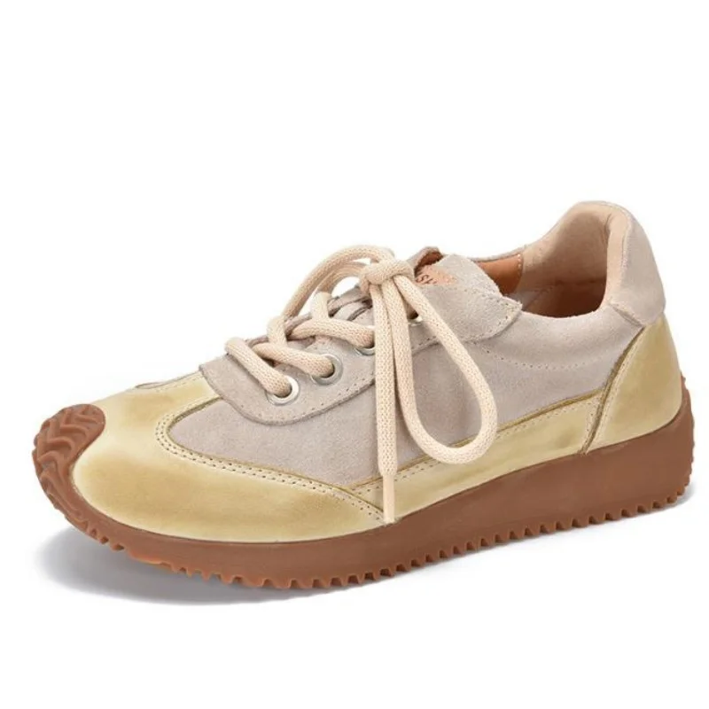 3CM Autumn New Retro Round Toe Genuine Leather Sneakers Women's Shoes Casual Platform Soft Soled Casual Flat Shoes 35-40
