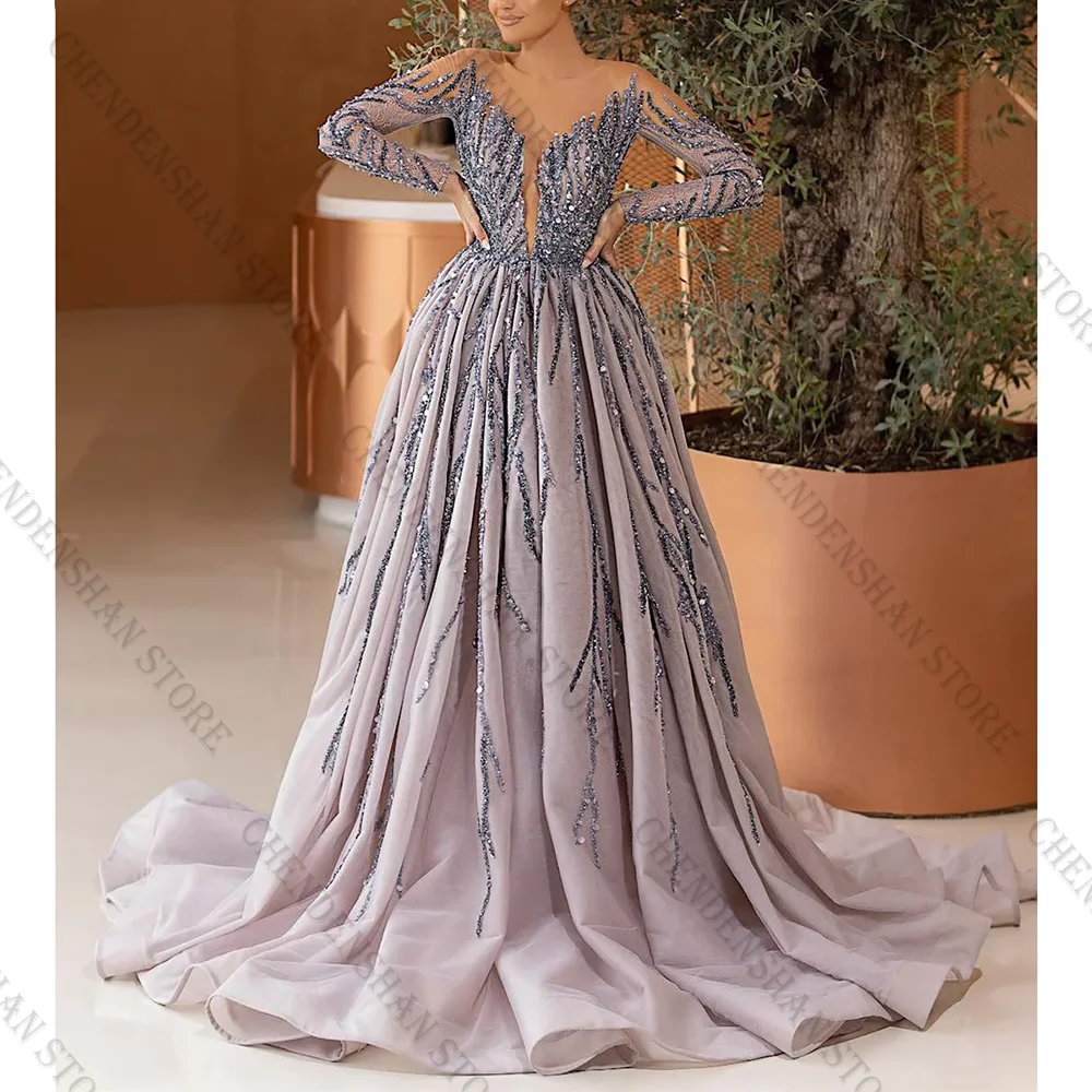 Elegant Purpler Long Sleeves V Neck Floor Length Evening Dress Female Formal Party Prom Gown vestidos de fiesta