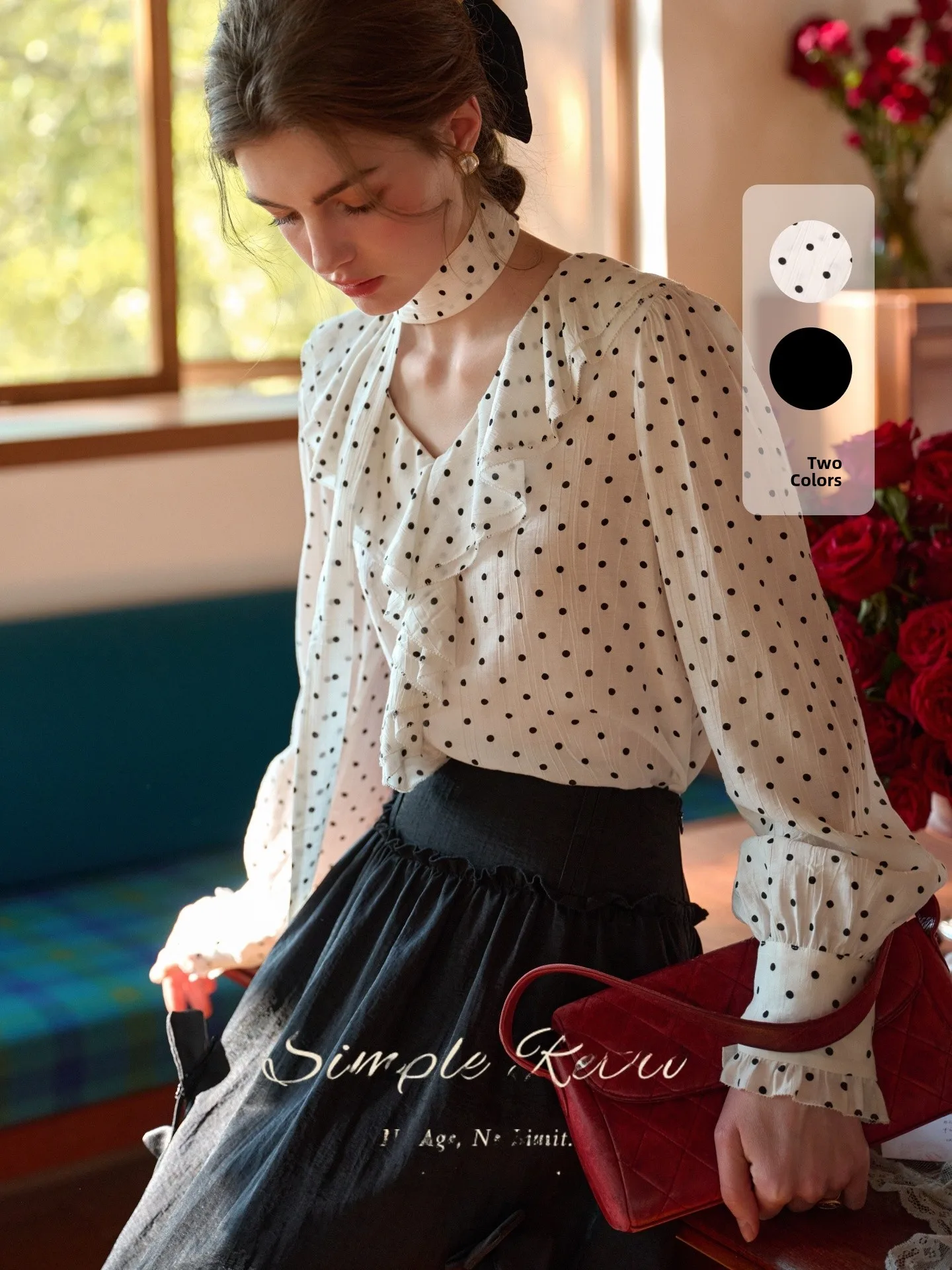 

SimpleRetro Natalie's Dream Vintage Polka Dot Long Sleeve Women's Shirt Spring Bell Sleeve Regular Fit Commute Style Blouse