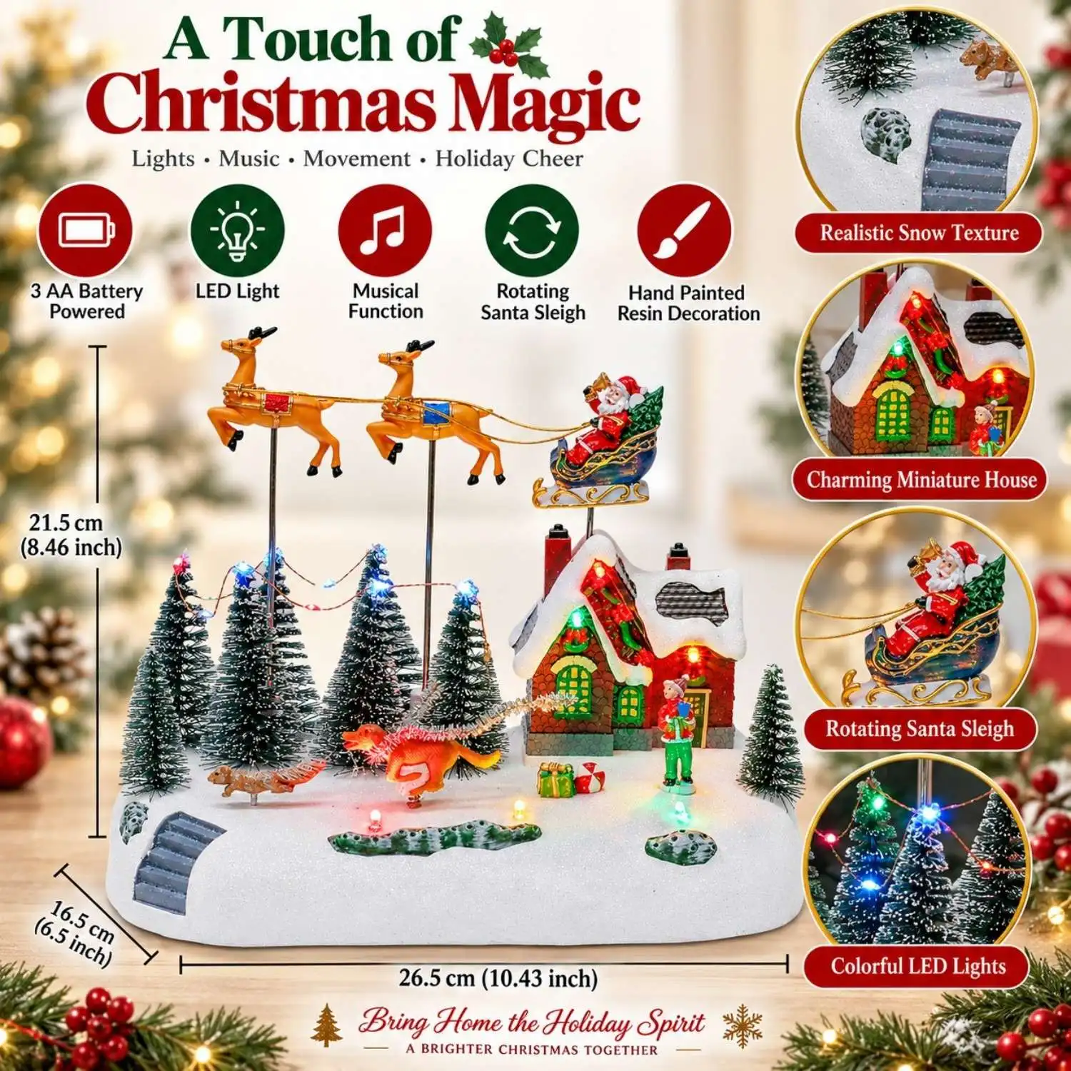 Animierter Weihnachtsmann-Schlitten mit Musiklichtern, Weihnachtsdorf-Dekoration, Snots on the Run, Figuren-Gebäude-Zubehör für den Innenbereich – Detail 2