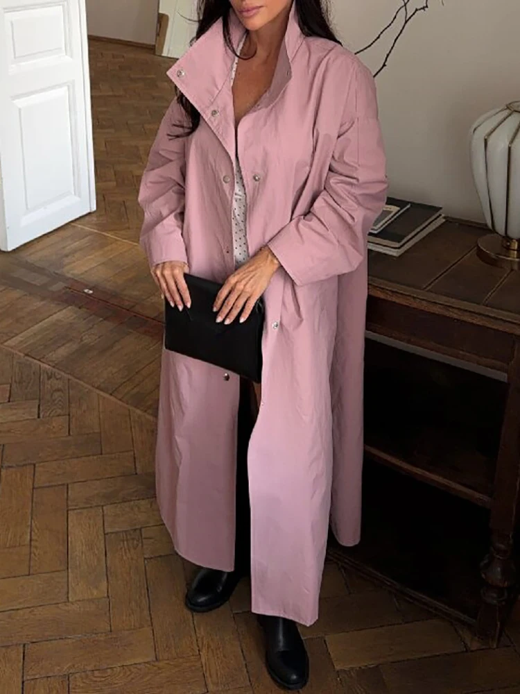Damen Trenchcoat in Dusty Rose mit Stehkragen, Übergroße Maxi-Jacke mit Druckknopfleiste, Fallende Schultern, Leichter Loser Windbreaker – Detail 13