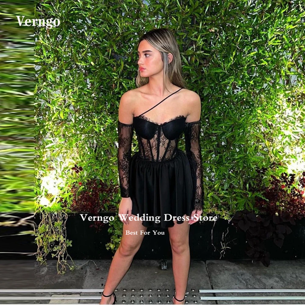 

Verngo Sexy Black Lace Beach Party Dresses Sweetheart Long Sleeves Mini Night Cocktail Dress Robe de soiree Formal Gown