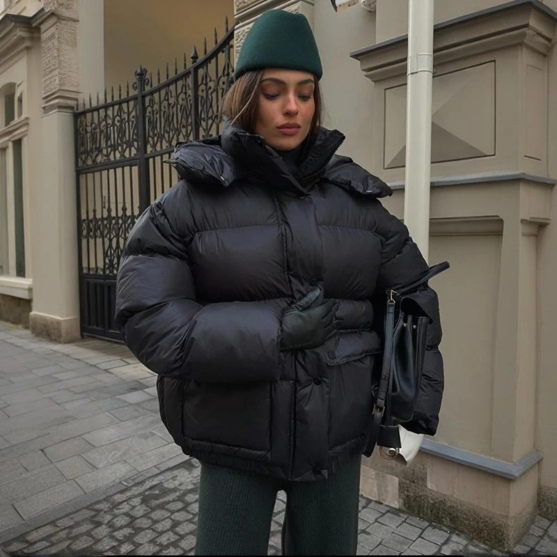 TARUXY Solid Hooded Cotton Clothes Coat Women's Fashion Stand Collar Long Sleeves Pocket Thick Jacket Winter Commuting Cotton
