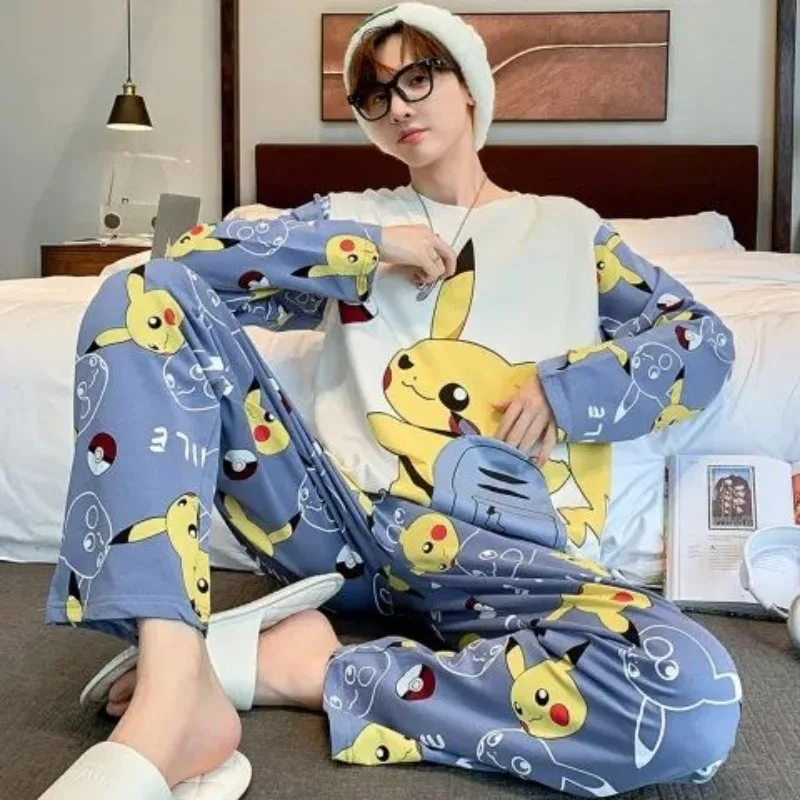 Pijama de manga comprida masculino, roupa de casa para adolescentes, roupa de noite com gola redonda, calça casual fina, nova primavera, outono, 2022