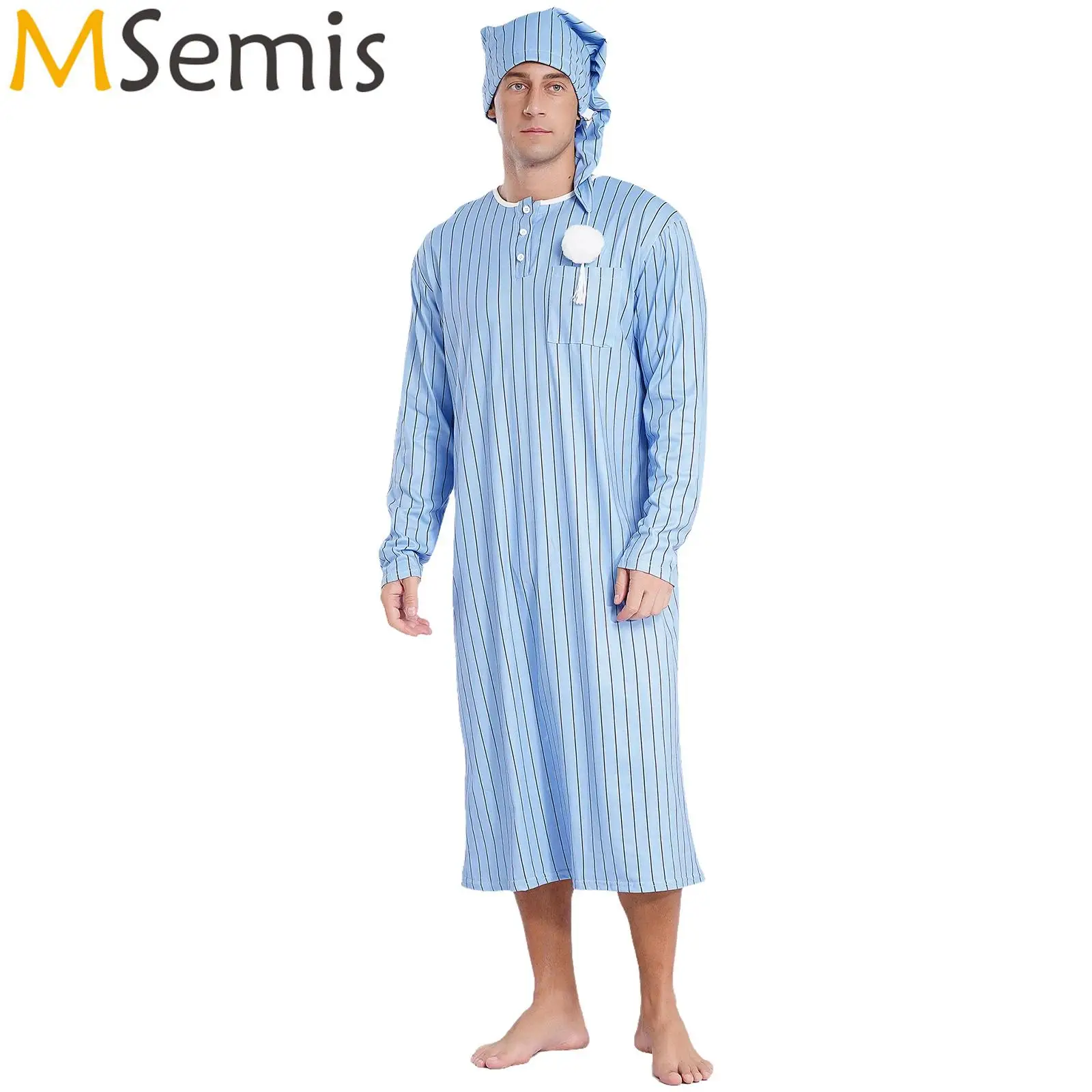 Mens Arabian Muslim Shower Robe Nightwear Pajamas Adjustable Sleep Hat Costume Robe with Hat Long Sleeve Long Robe And Pompom