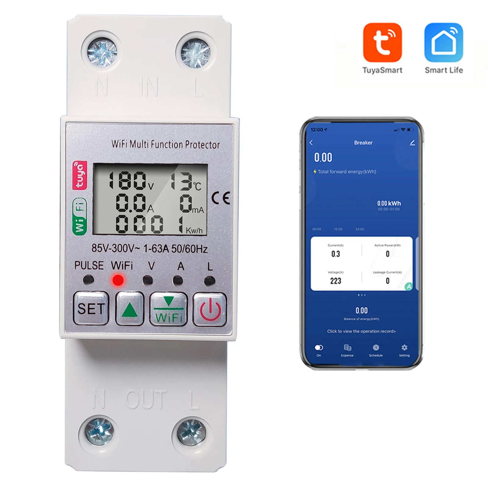 Brak WiFi inteligentny miernik termometr 10-99mA 1A-63A 1 szt. 85V-300V regulowana inteligentna ochrona inteligentny wyłącznik
