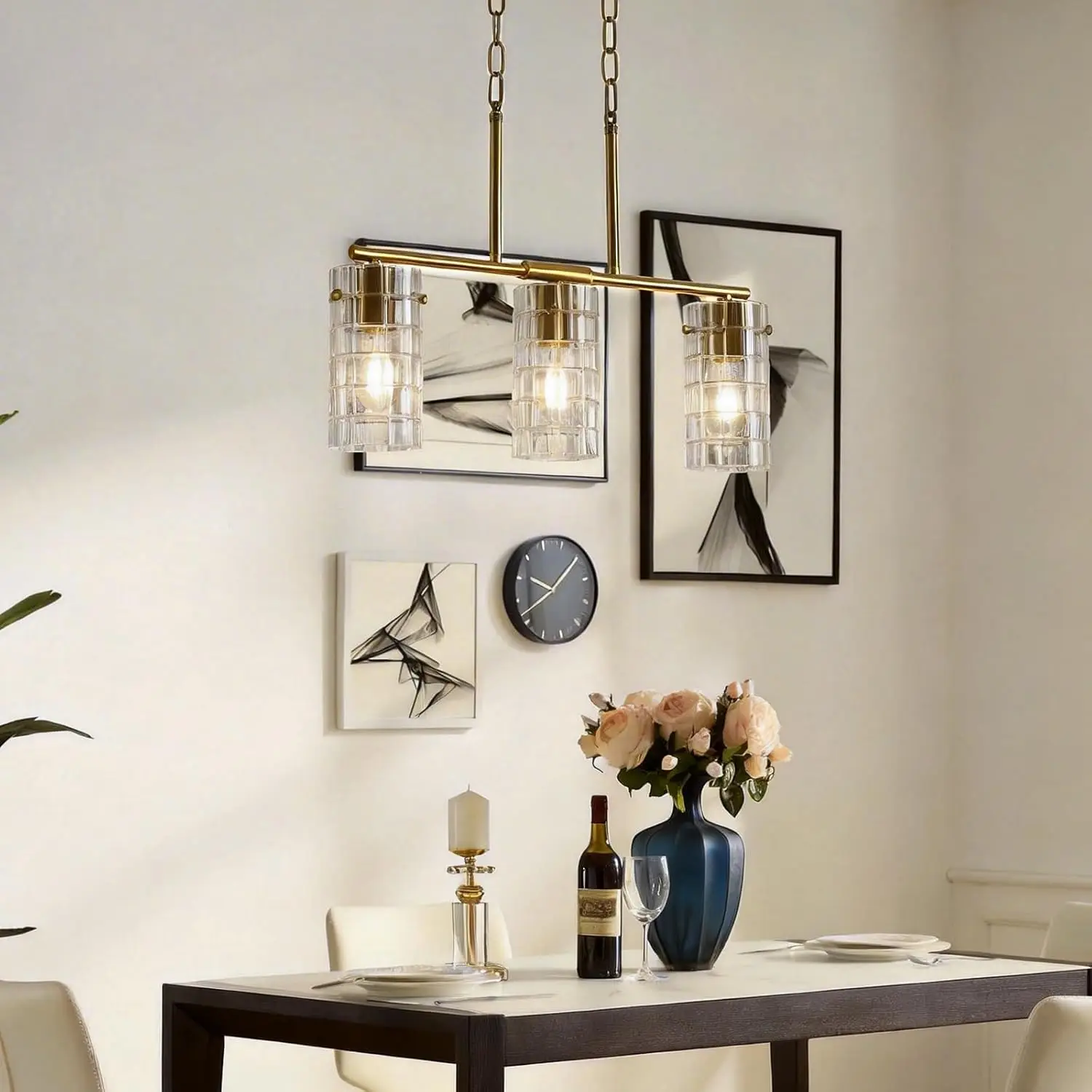 3-Light Brass Pendant Glass Chandelier | Compatible with E26 Bulbs, Adjustable Chain Height, Suitable for Kitchen Island, Dining Room, Living Room, Kitchen