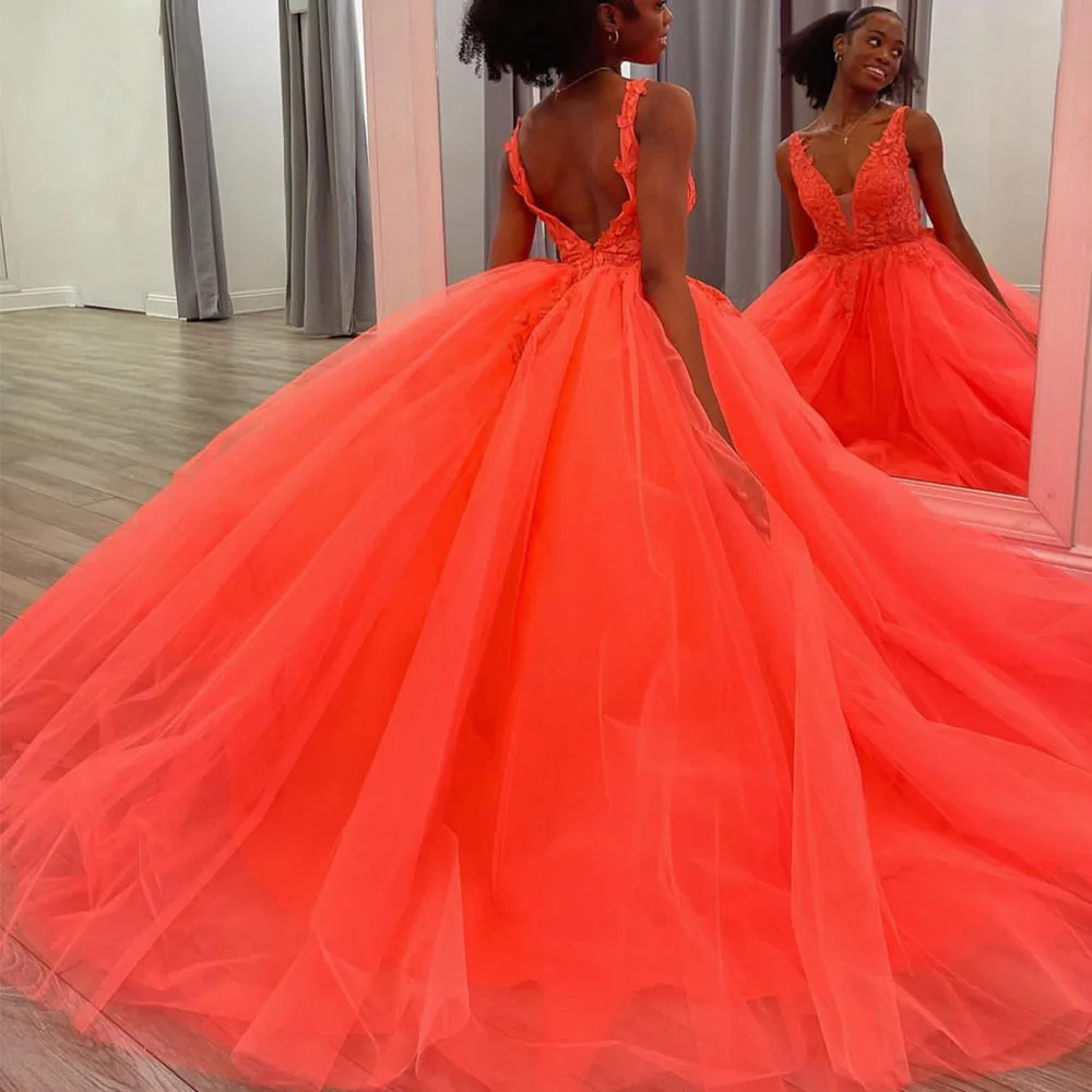 Orange Tulle A Line Evening Gown Formal Graduation Dresses Spaghetti Strap V Neck  Formal Party Prom Dresses