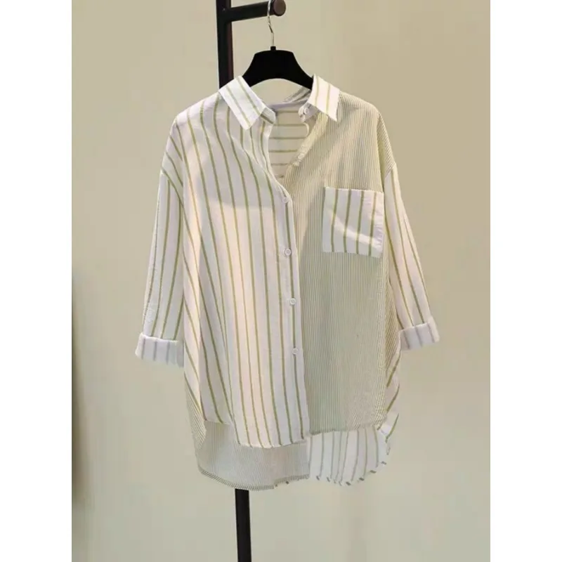 Korean Patchwork Vertical Stripe Shirt Women Single Pocket Loose Casual Irregular Hem Blouse