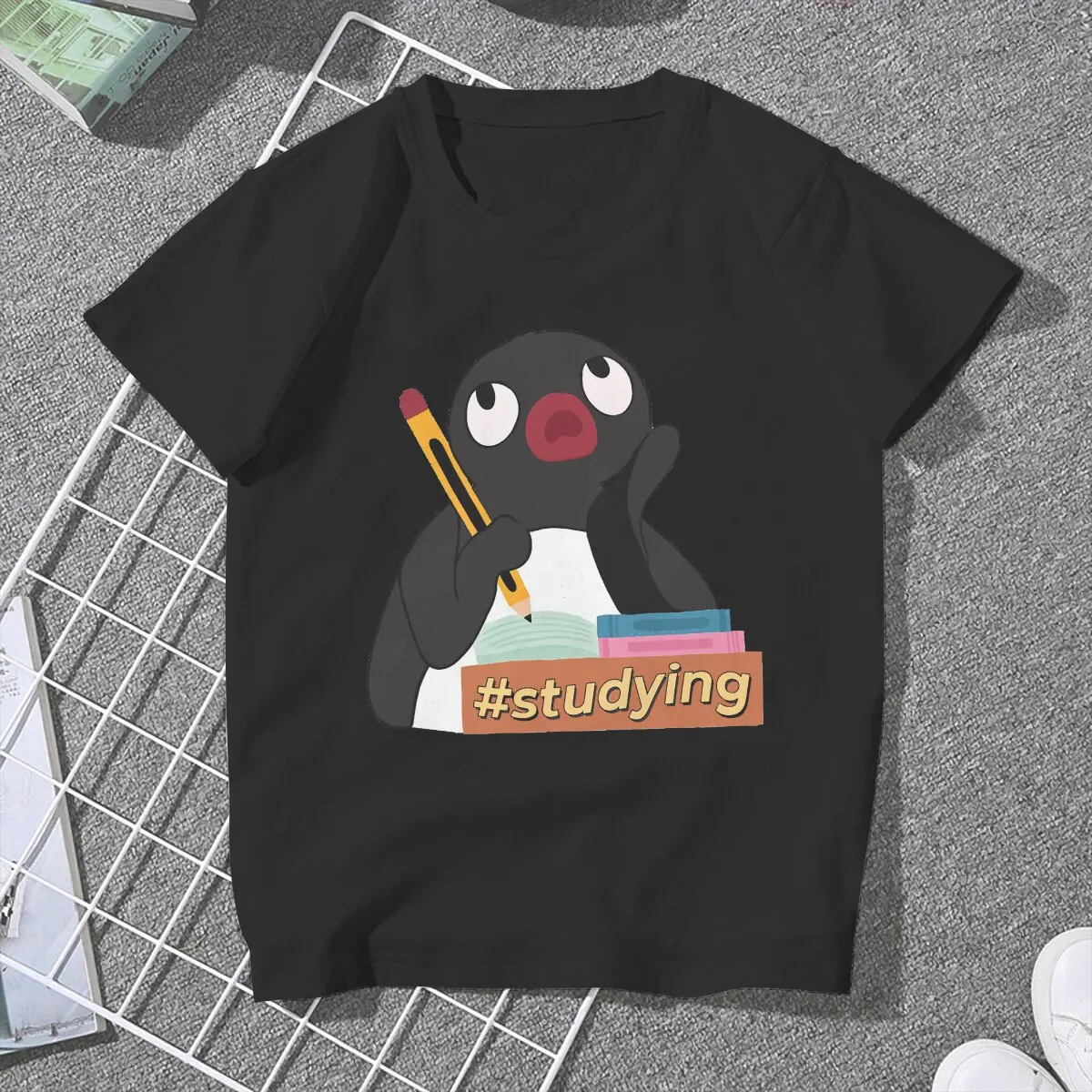 Pingu Penguin Anime Studying T Shirt Grunge Women's Tees Summer Harajuku O-Neck Polyester TShirt