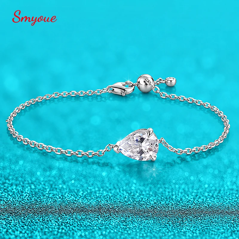 Smyoue 2CT Pear Cut Dainty Moissanite Bracelets Adjustable Sliding Chain for Women Certified Fine Jewelry Gift Pure Silver S925