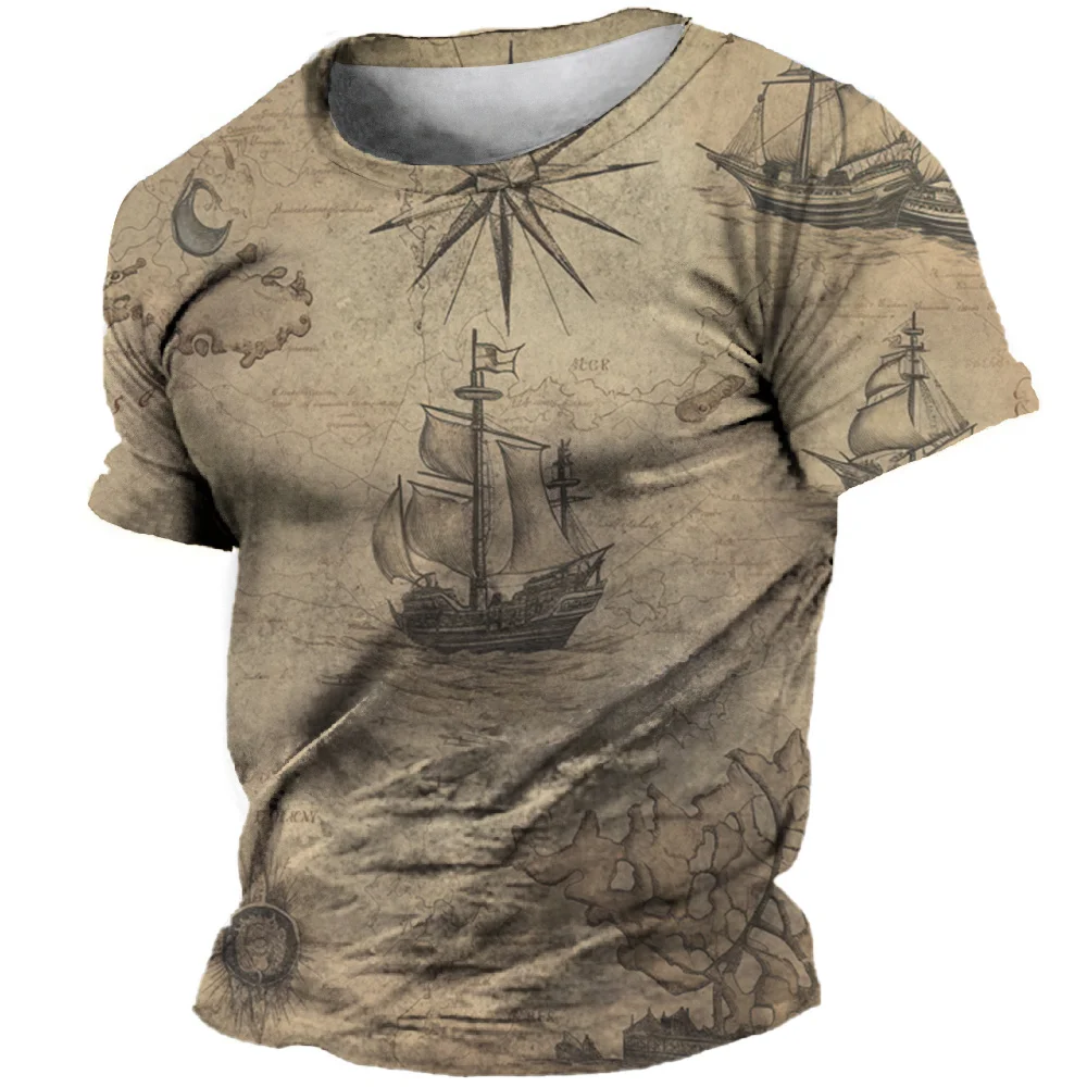 Vintage T-Shirt For Mens 3D Compass Print Short Sleeve Tops Fashion Street Ship Graphic T Shirt Oversized Tee Shirt Men Clothing